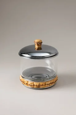 Bamboo root Glass cotton jar with natural material base