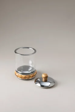 Bamboo root Glass toilet ear picks jar with natural material base