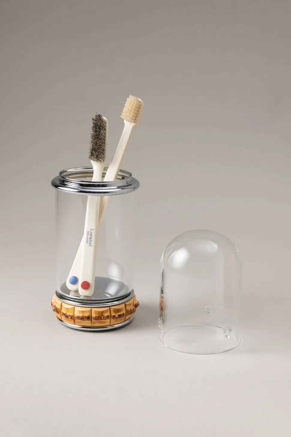 Bamboo root Glass toothbrush pot with glass dome