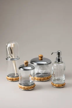 Bamboo root Glass toothbrush pot with glass dome
