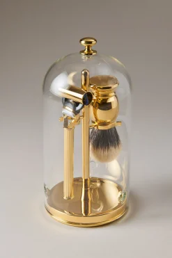 Gold plated brass Shaving set with glass dome