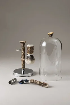 Stag antler Shaving set with glass dome